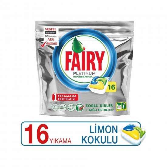 Fairy Platinum Bulaşık Makinesi Deterjanı Kapsülü Limon Kokulu 16 Yıkama