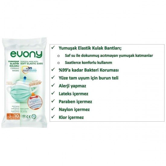 Evony Elastik Maske 3 Katlı Telli Full Ultrasonik 10lu