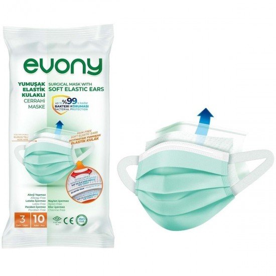 Evony Elastik Maske 3 Katlı Telli Full Ultrasonik 10lu