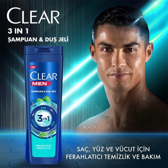 Clear Men 3 in 1 Şampuan & Duş Jeli Ferahlatıcı Mentol Etkisi Saç Yüz Vücut İçin 350 Ml