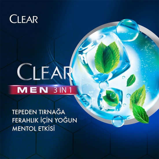 Clear Men 3 in 1 Şampuan & Duş Jeli Ferahlatıcı Mentol Etkisi Saç Yüz Vücut İçin 350 Ml