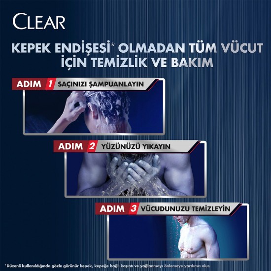 Clear Men 3 in 1 Şampuan & Duş Jeli Ferahlatıcı Mentol Etkisi Saç Yüz Vücut İçin 350 Ml