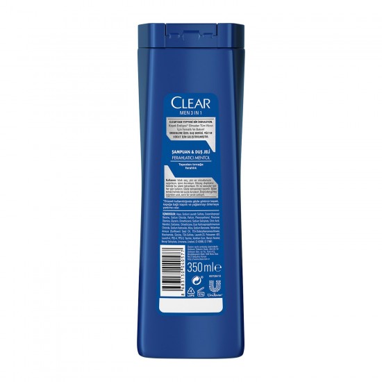 Clear Men 3 in 1 Şampuan & Duş Jeli Ferahlatıcı Mentol Etkisi Saç Yüz Vücut İçin 350 Ml