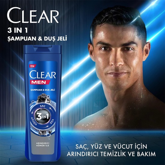 Clear Men 3 in 1 Şampuan & Duş Jeli Arındırıcı Kömür Saç Yüz Vücut İçin 350 Ml