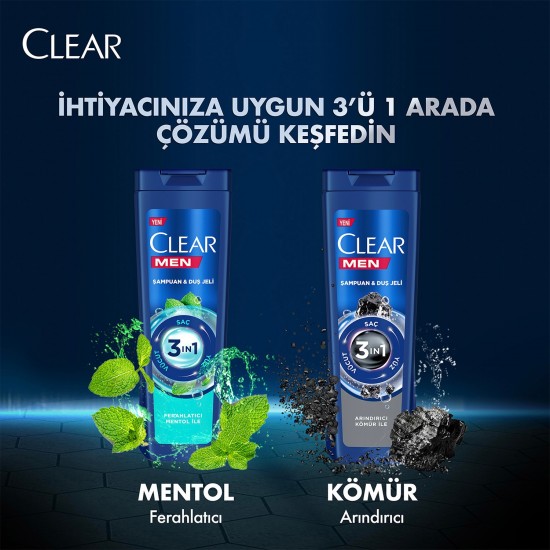 Clear Men 3 in 1 Şampuan & Duş Jeli Arındırıcı Kömür Saç Yüz Vücut İçin 350 Ml