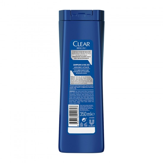 Clear Men 3 in 1 Şampuan & Duş Jeli Arındırıcı Kömür Saç Yüz Vücut İçin 350 Ml