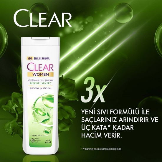 Clear Women Kepeğe Karşı Etkili Şampuan Bitkisel Sentez Aloe Vera & Çay Ağacı Yağı 350 ml