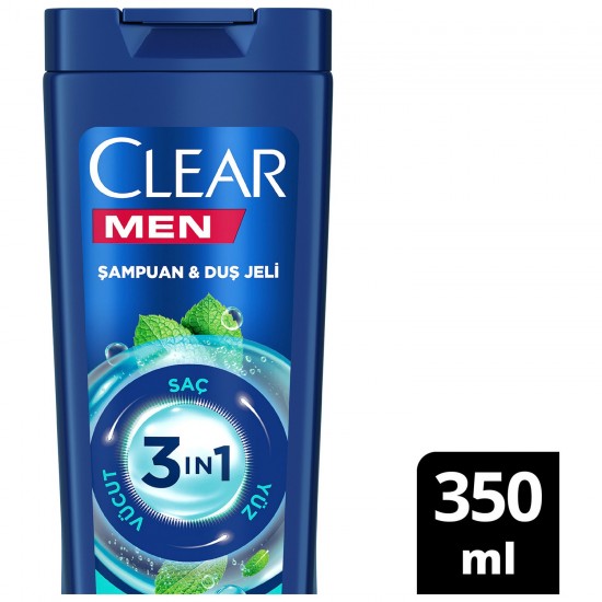 Clear Men 3 in 1 Şampuan & Duş Jeli Ferahlatıcı Mentol Etkisi Saç Yüz Vücut İçin 350 Ml